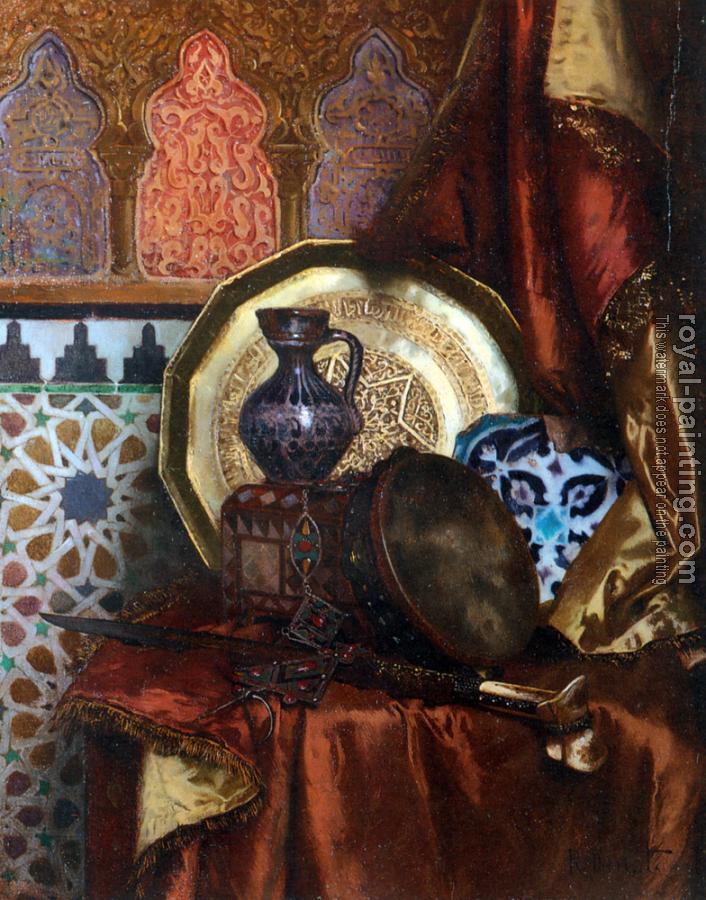 Rudolf Ernst : A Tambourine, Knife, Moroccan Tile and Plate on Satin covered Table